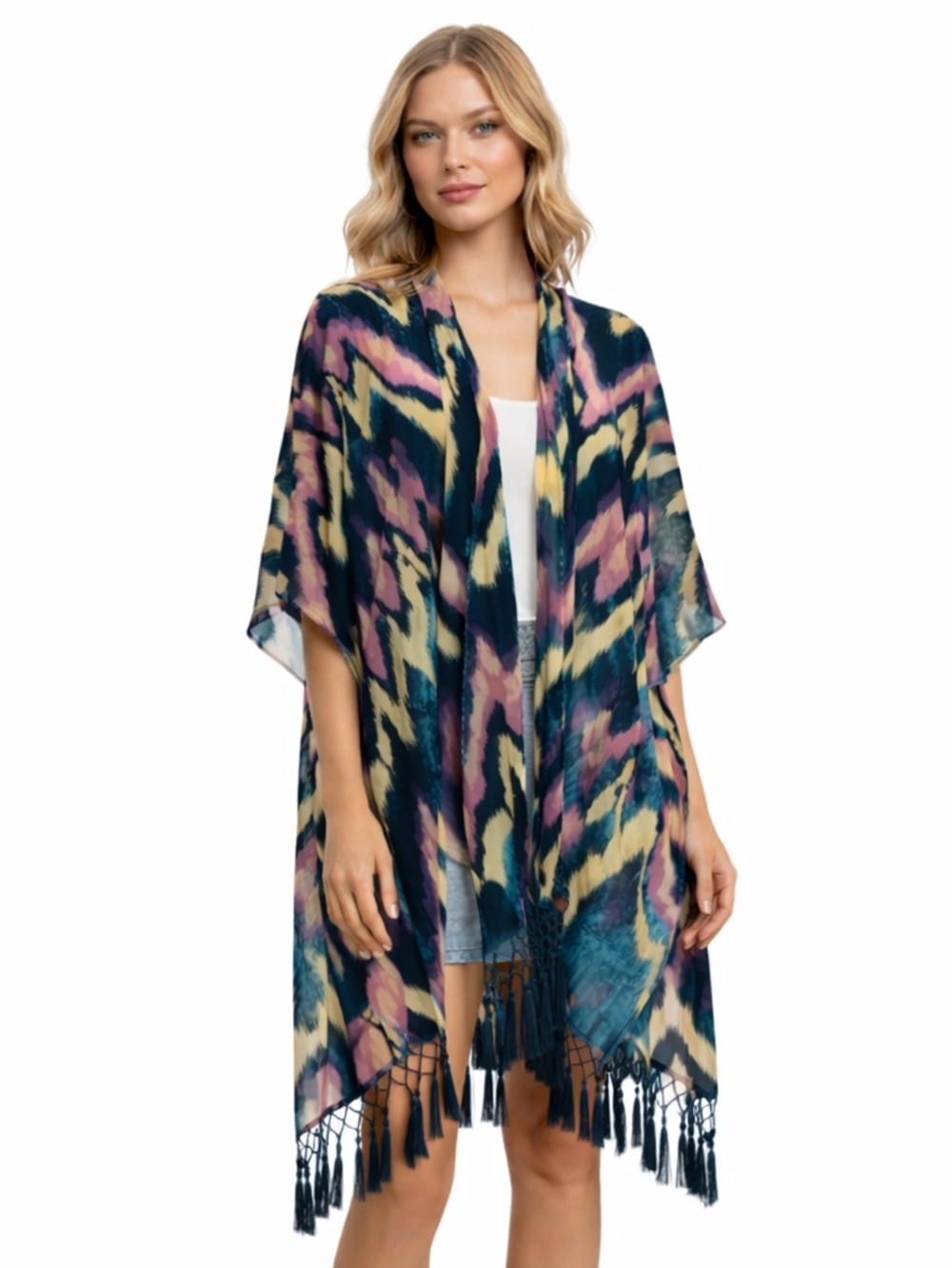 Free People Atlas-Trim Printed Open Cardigan in Navy, Pink&Cream Viscose & Nylon